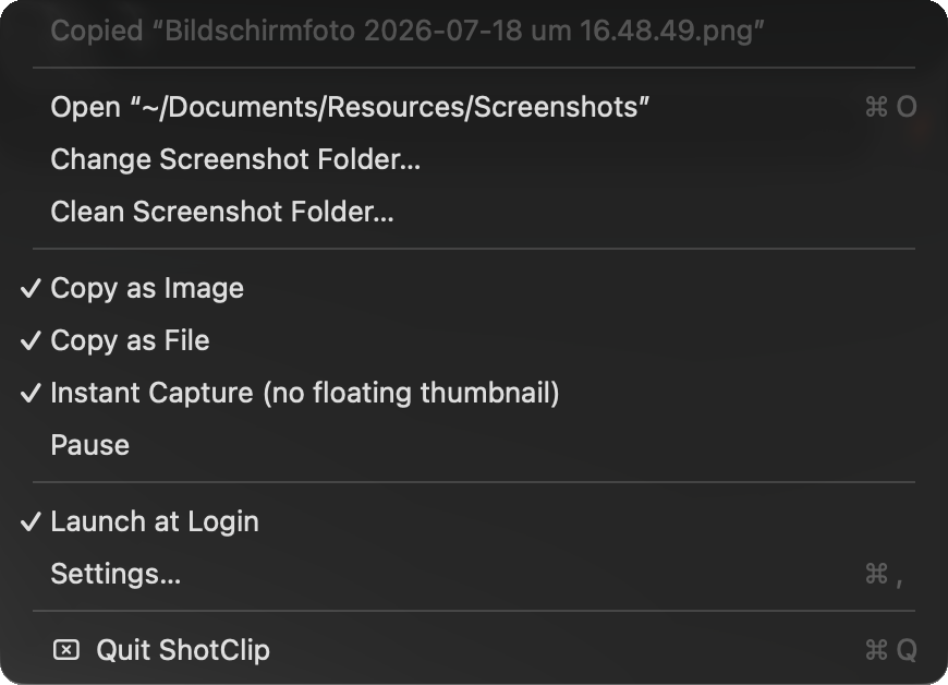 ShotClip's menu in the macOS menu bar