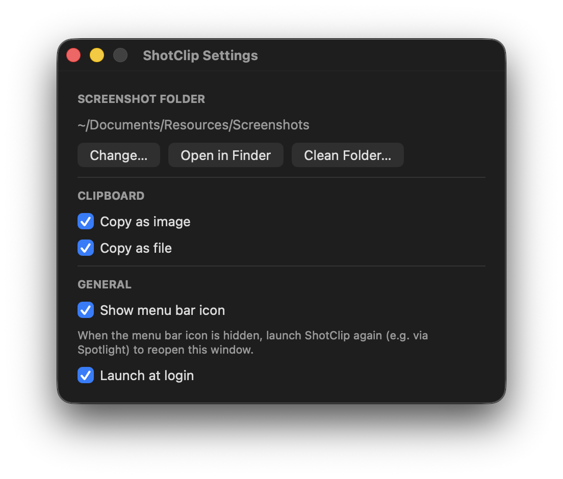 ShotClip settings window